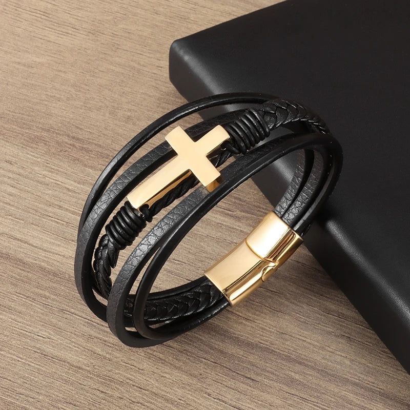 Classic Leather Cross Bracelet – Christian Wristband