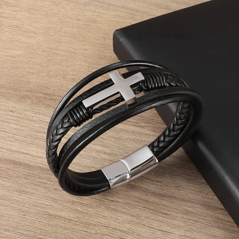 Classic Leather Cross Bracelet – Christian Wristband