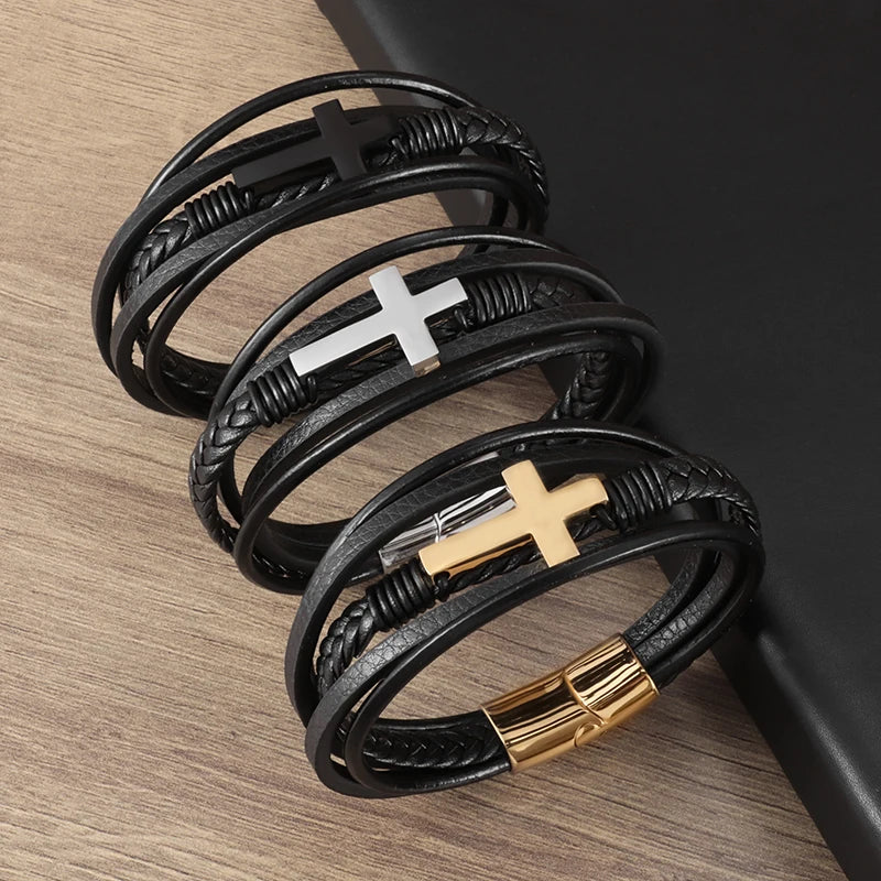 Classic Leather Cross Bracelet – Christian Wristband